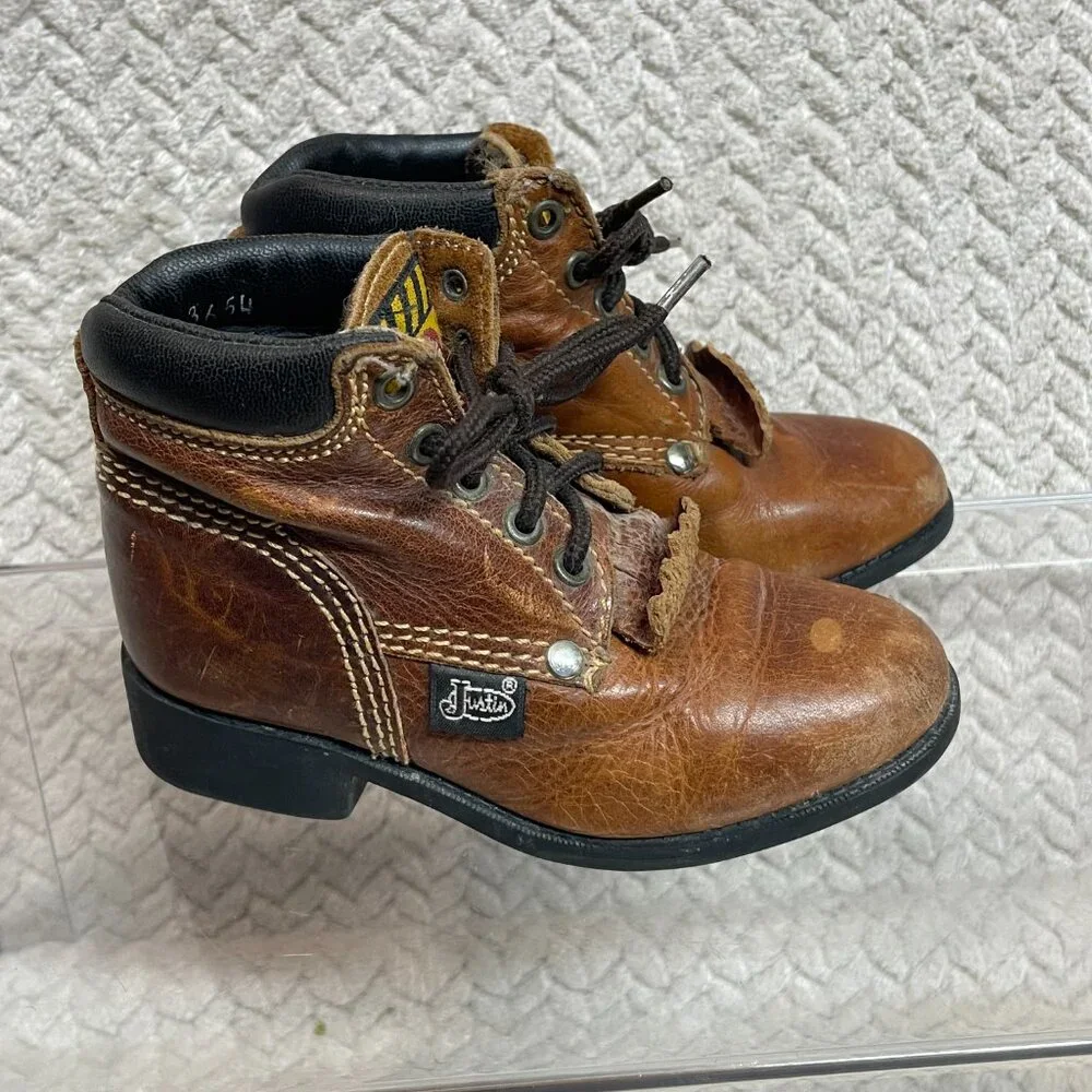 Justin Boots Kids Brown Leather‎ Kiltie Lace Up Toddler Western Boots 7D